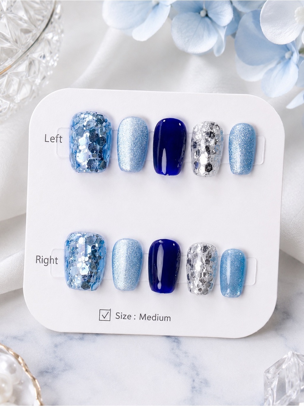 Handmade Blue Silver Glitter Press On Nails Medium Glossy Nail Set